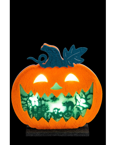 Adorno calabaza de fieltro de unos 20x20 cm. de alto con luces con base de apoyo (pilas no incluidas) con etiqueta colga...