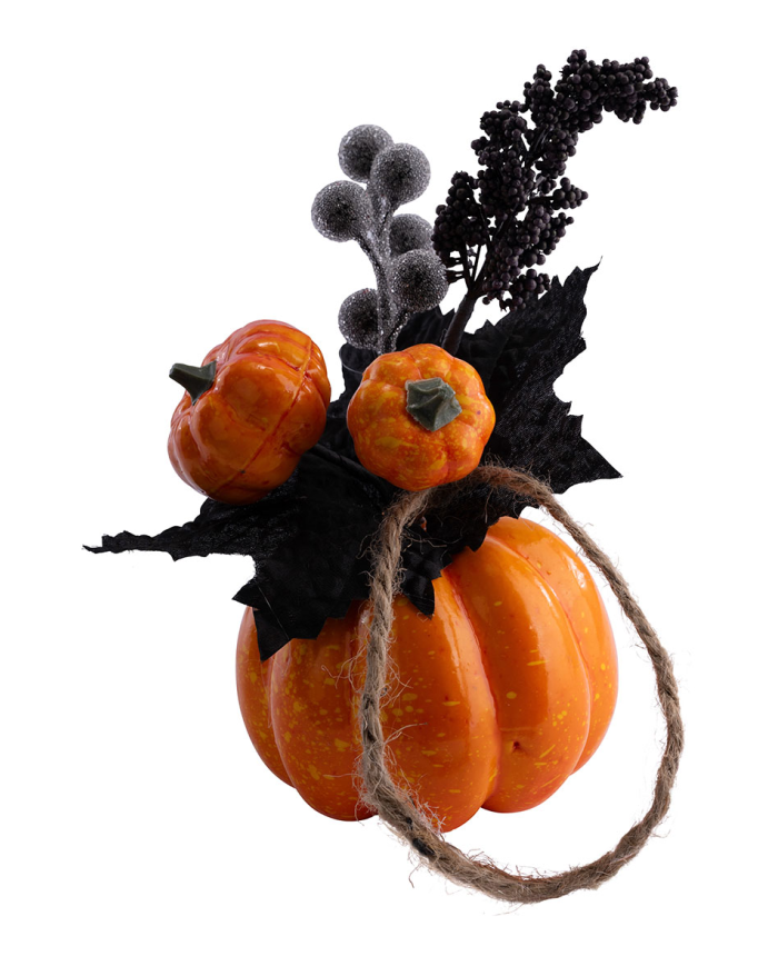 Bouquet floral Halloween dans un petit pot citrouille en plastique, hauteur 18 cm environ avec étiquette volante/étiquette