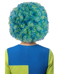 Perruque bouclée verte et bleue (env. 110 g) dans un sachet avec crochet