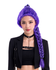 Perruque violette avec tresse dans un étui