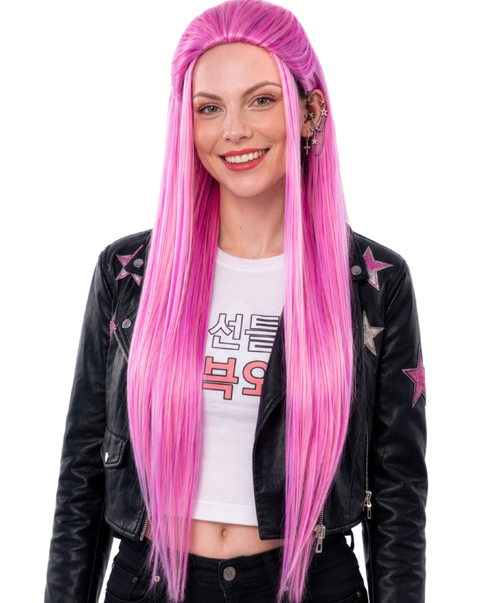 Peluca rosa muy larga en bolsa con gancho