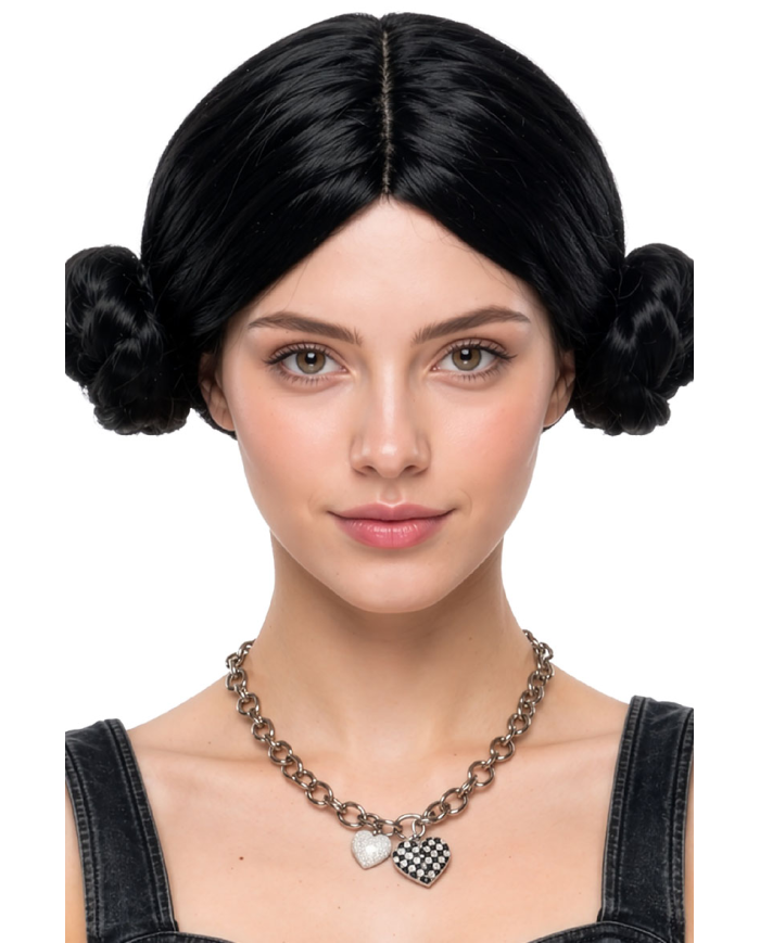 Schwarze Perücke mit 2 Haarknoten in Schachtel