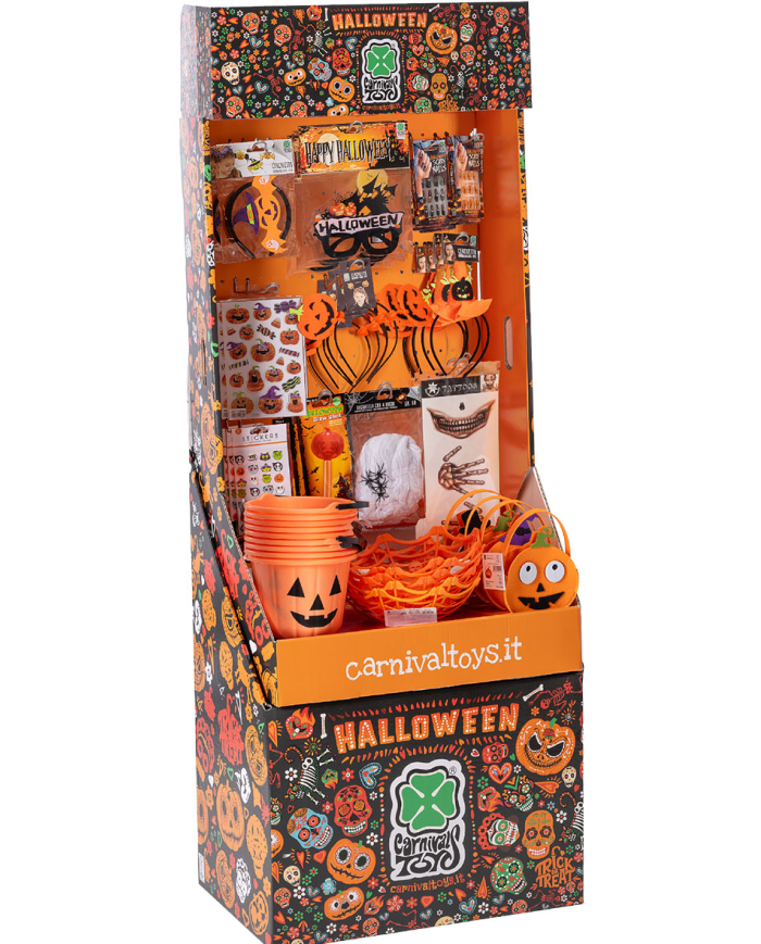 Halloween-Accessoires (120 Stück) in Aussteller, ca. 190 cm hoch, 60 cm breit, 35 cm tief.