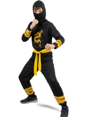 Disfraz ninja negro y amarillo en bolsa con gancho