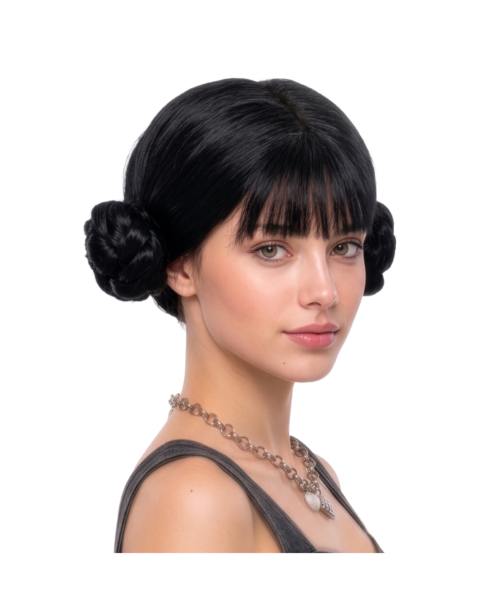 Schwarze Perücke mit 2 Haarknoten in Schachtel