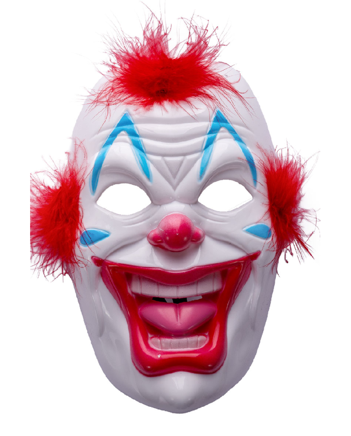 Clownsmaske aus starrem Kunststoff in Beutel mit Aufhänger