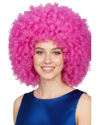 Perruque cheveux fuchsia crépus (environ 190 g) dans un étui