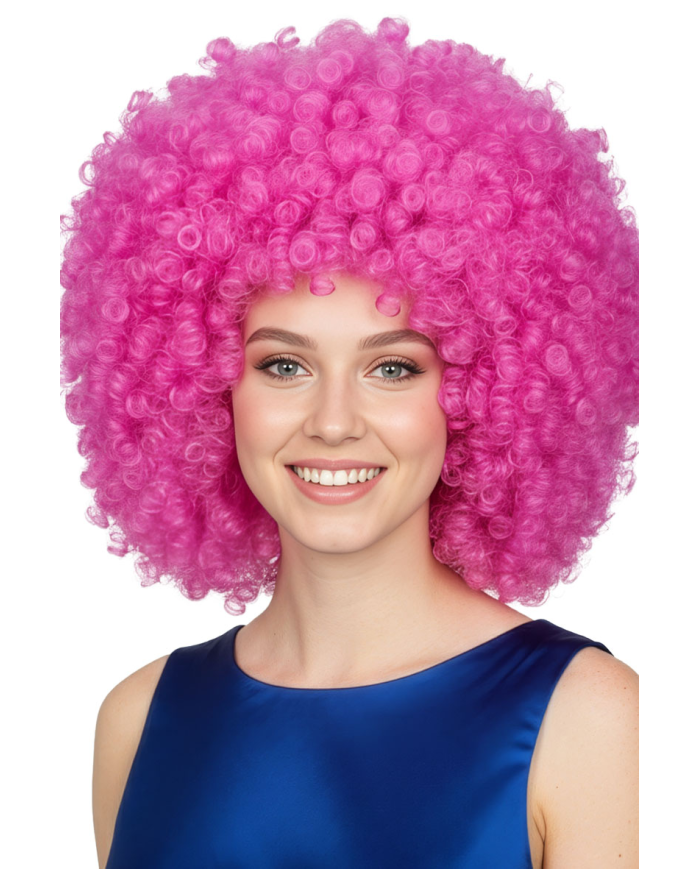 Perruque cheveux fuchsia crépus (environ 190 g) dans un étui