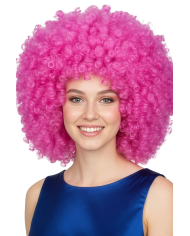 Perruque cheveux fuchsia crépus (environ 190 g) dans un étui