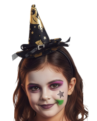 Petit chapeau sorcière noir avec décorations dorées et serre-tête
