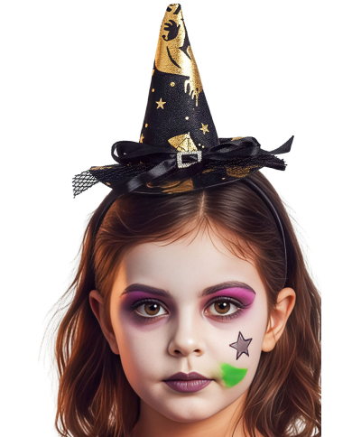 Petit chapeau sorcière noir avec décorations dorées et serre-tête
