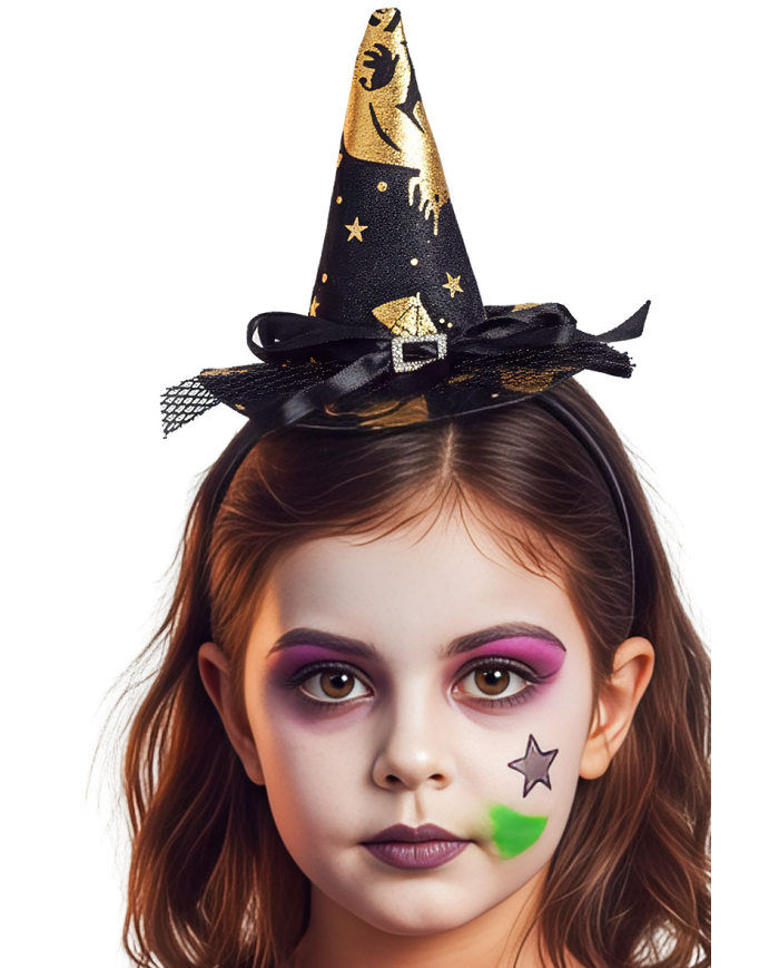 Petit chapeau sorcière noir avec décorations dorées et serre-tête