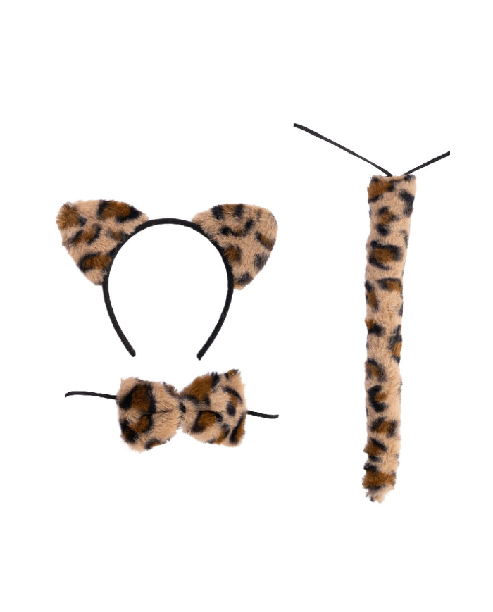 Prächtiges Leoparden-Set (Haarreif, Fliege, Schwanz) auf Pappkarton