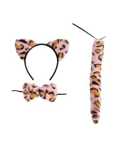 Prächtiges Leoparden-Set rosa (Haarreif, Fliege, Schwanz) auf Pappkarton