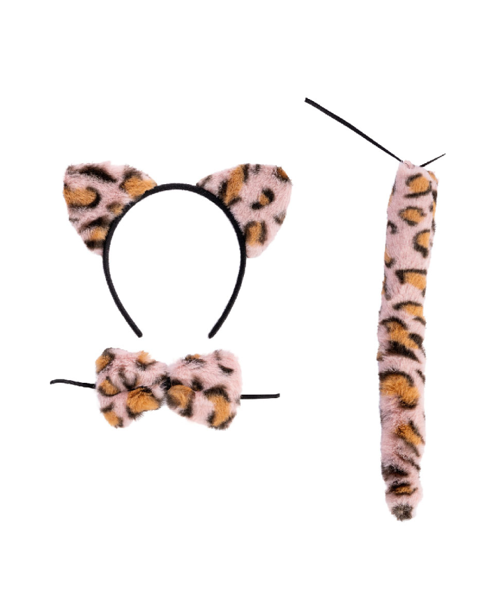 Prächtiges Leoparden-Set rosa (Haarreif, Fliege, Schwanz) auf Pappkarton