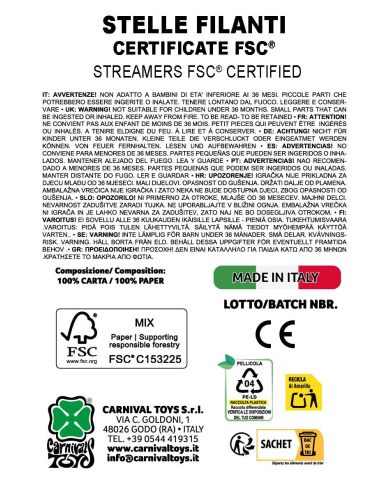 Palbox con 3 serpentinas mixtas de papel certificado (150 pzas.)