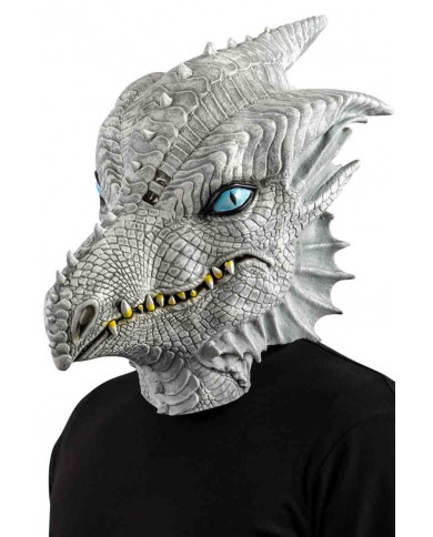 Full face white dragon mask made of latex, with blue eyes and