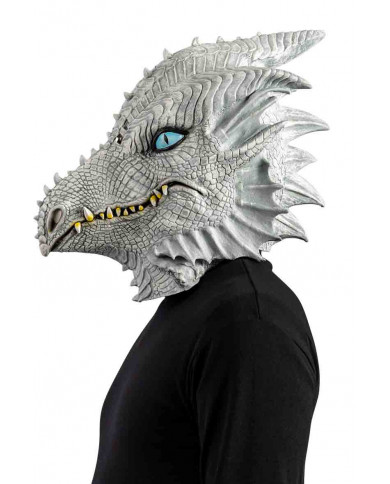 Full face white dragon mask made of latex, with blue eyes and