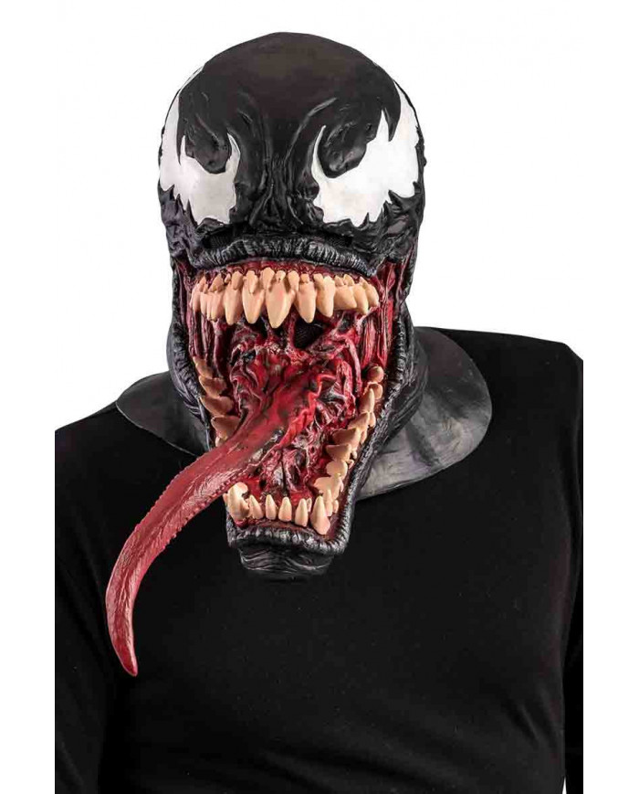 Horror mask made of black latex with white eyes, mouth wide