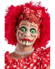 Caricature latex woman mask with green eyes, red hair with bow