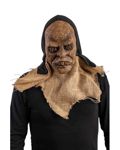 Latex monster mask with hood in black fabric and jute canvas.