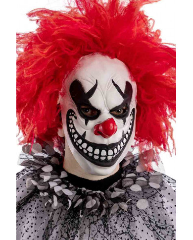 White latex horror clown mask with black eye contour, red nose