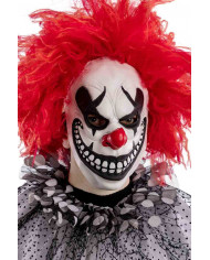 White latex horror clown mask with black eye contour, red nose