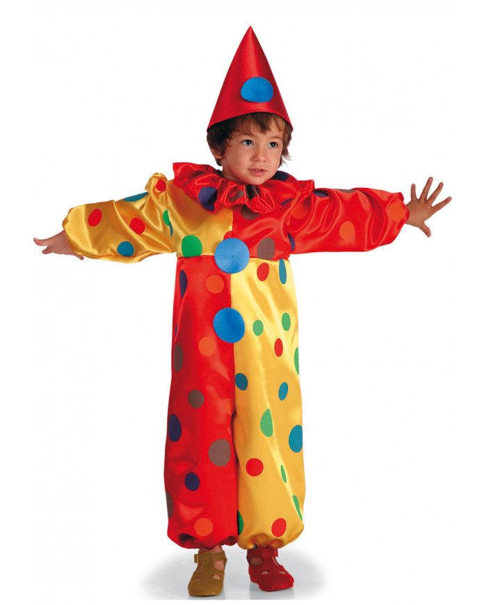 Clown costume for kid with satin printed jumpsuit and hat, size Clown costume for kid with satin printed jumpsuit and hat, size