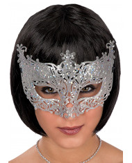 Antifaz de plástico con purpurina plateada en bolsa con solapa de