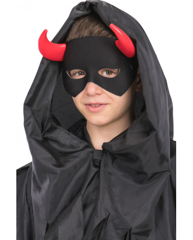 Maschera mezzo viso in tessuto nero con corna rosse in plastica