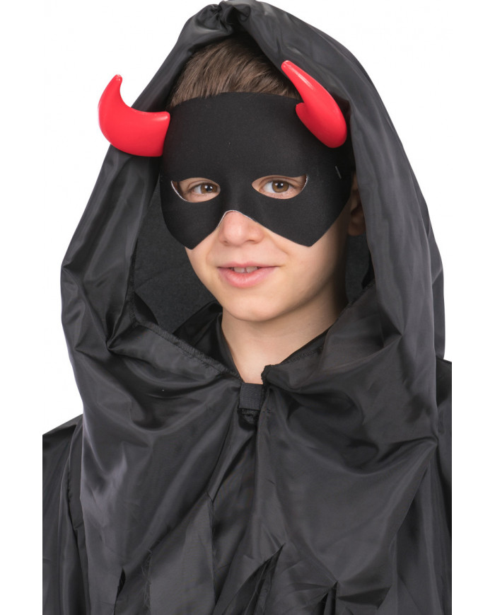 Maschera mezzo viso in tessuto nero con corna rosse in plastica