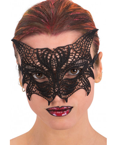 Chinless mask in black macrame' fabric shaped like a cat's