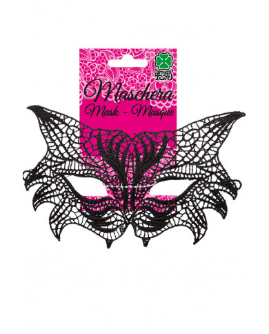 Chinless mask in black macrame' fabric shaped like a cat's Chinless mask in black macrame' fabric shaped like a cat's