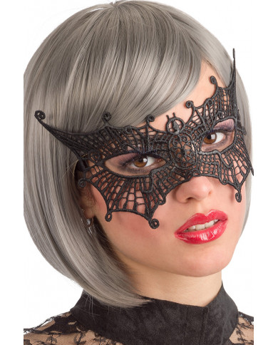 Chinless mask in black macrame' fabric shaped like a bat. Ideal Chinless mask in black macrame' fabric shaped like a bat. Ideal