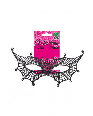 Chinless mask in black macrame' fabric shaped like a bat. Ideal