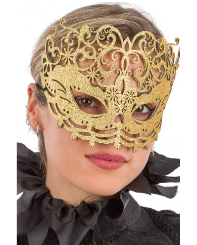 Chinless mask in fabric covered with golden glitter, with Chinless mask in fabric covered with golden glitter, with