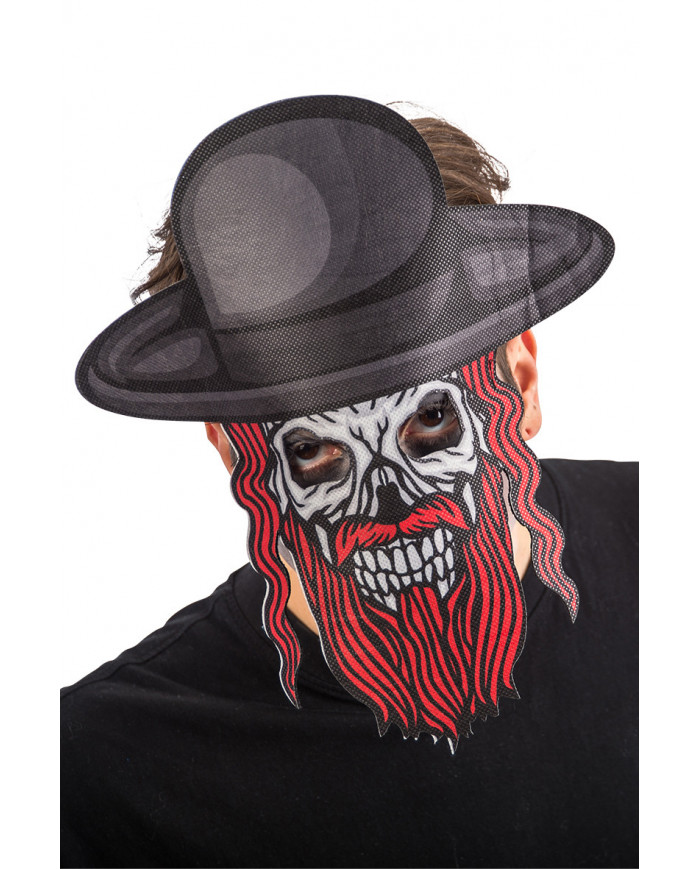 Fabric mask with the look of a skull with beard and hat. Light