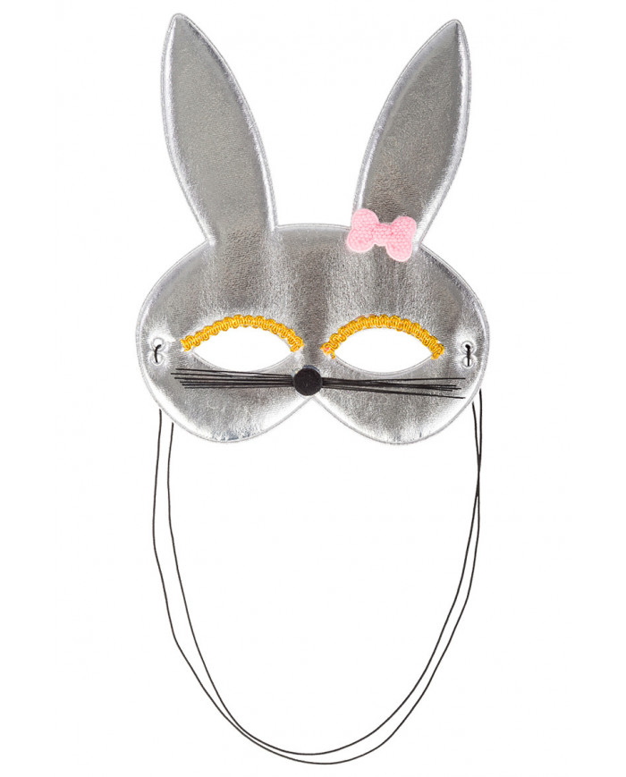 Chinless bunny mask in silver metallic fabric, decorated with