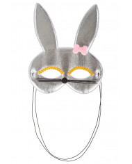 Chinless bunny mask in silver metallic fabric, decorated with