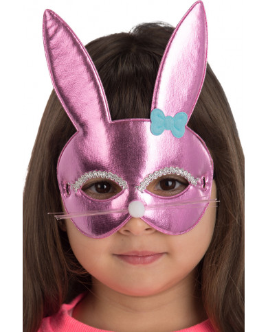 Chinless bunny mask in pink metallic fabric, decorated with Chinless bunny mask in pink metallic fabric, decorated with