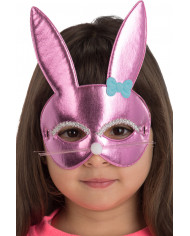 Chinless bunny mask in pink metallic fabric, decorated with Chinless bunny mask in pink metallic fabric, decorated with