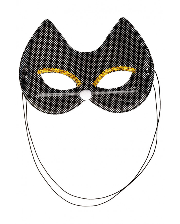Chinless kitten mask in black metallic fabric, decorated with