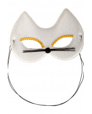 Chinless kitten mask in white metallic fabric, decorated with
