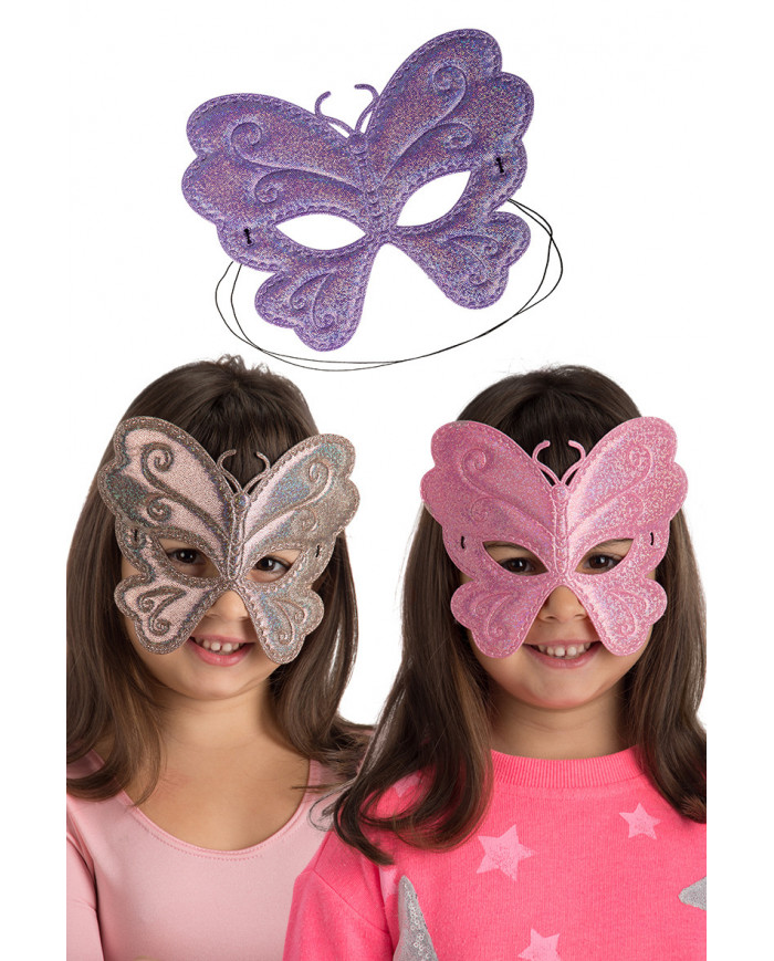 Chinless butterfly masks in metallic fabric in assorted colors. Chinless butterfly masks in metallic fabric in assorted colors.