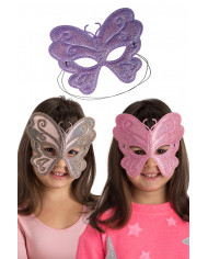 Chinless butterfly masks in metallic fabric in assorted colors. Chinless butterfly masks in metallic fabric in assorted colors.