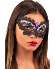 Black mask in macram? fabric decorated with colored rhinestones