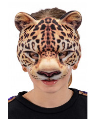 Maschera leopardo in tessuto marroncino con tante macchie nere.