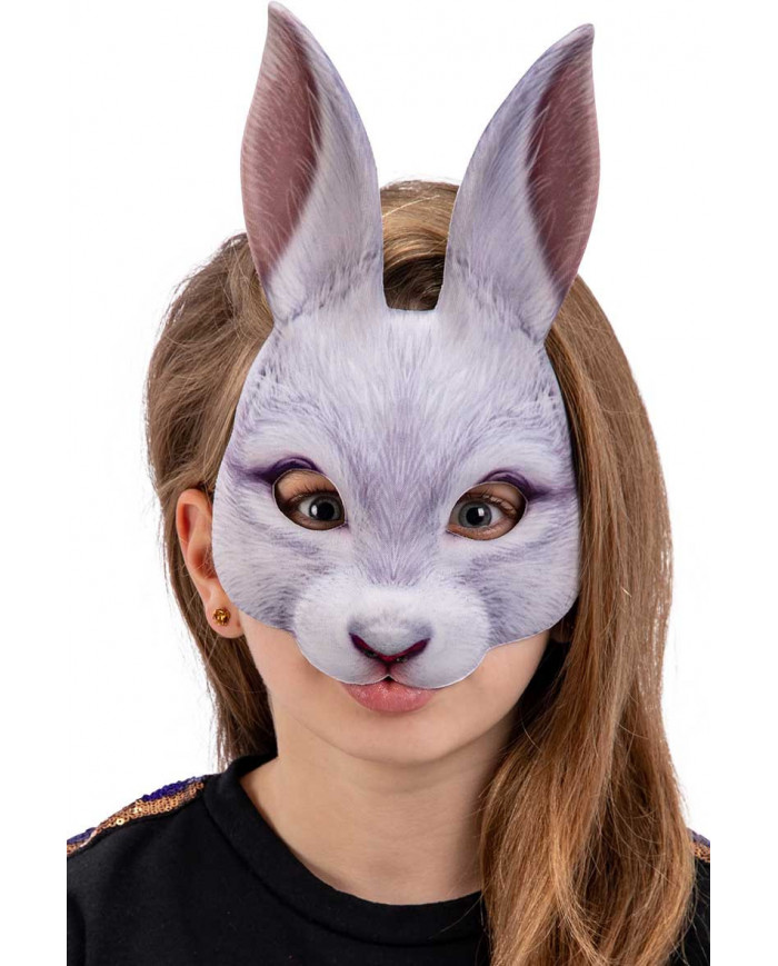 Maschera bambino, da coniglio in tessuto grigio con lunghe Maschera bambino, da coniglio in tessuto grigio con lunghe
