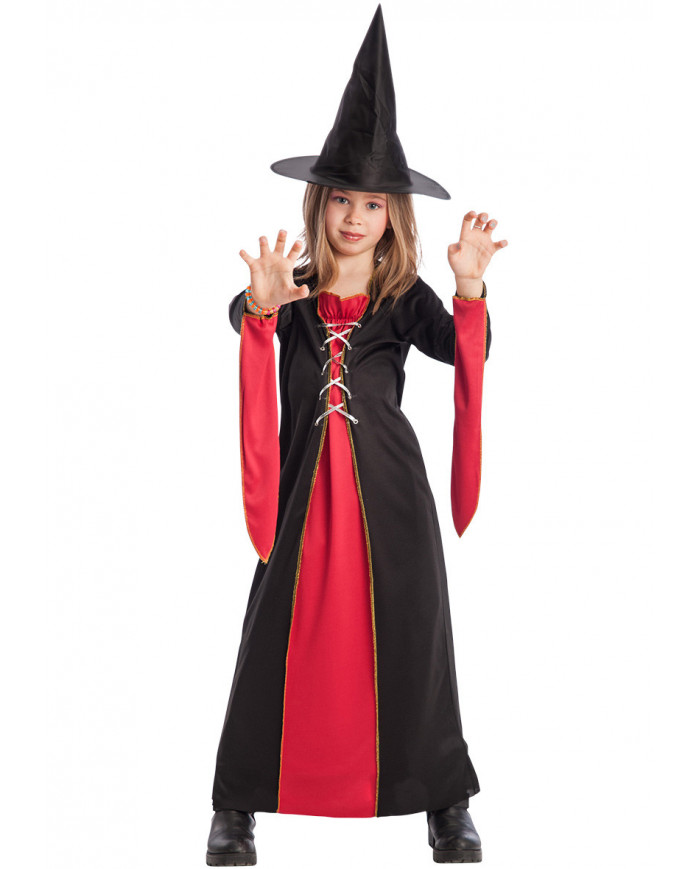 Black and red witch costume for kid with stretchy dress and hat. Black and red witch costume for kid with stretchy dress and hat.