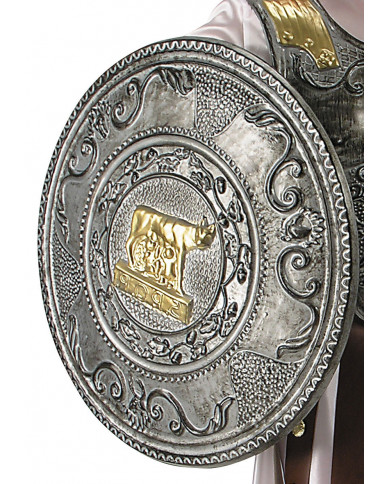 Escudo romano con adornos dorados de unos 60 cm de diám. con etiqueta Escudo romano con adornos dorados de unos 60 cm de diám. con etiqueta